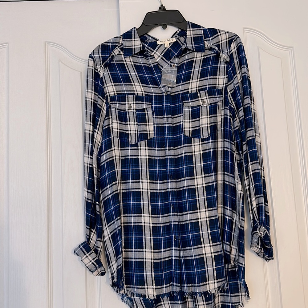 New! Jane and Delancey metallic plaid button-up shirt with fringe. Women's sz sm